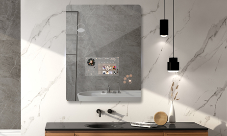 Escucha música en el espejo de baño inteligente Fitbathmirror.
